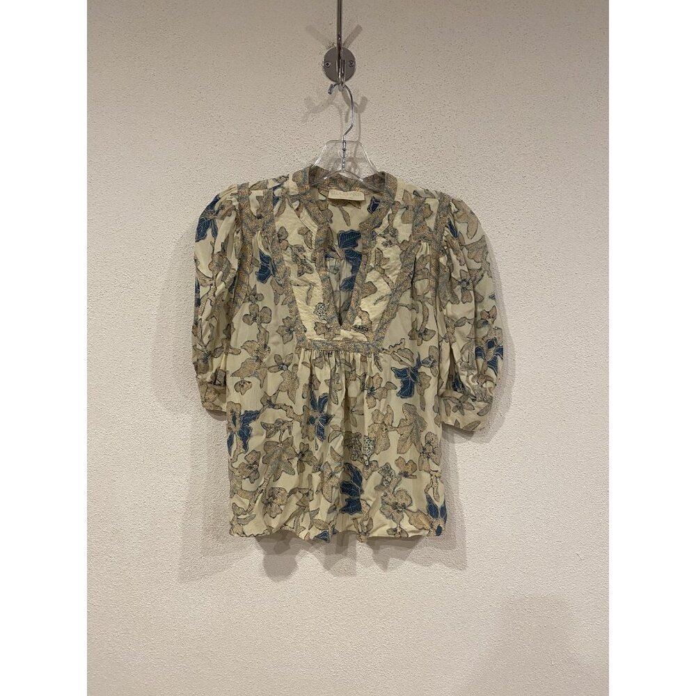 Ulla Johnson Desdra Blouse Womens 2 Cream Silk V-Neck Ruffle Puff Sleeve Floral - Picture 2 of 5